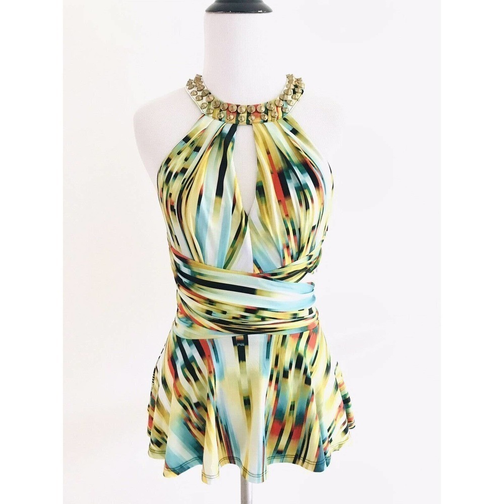 Bebe | Cut Out Halter Top Womens XS Green Studded Sleeveless Stretch